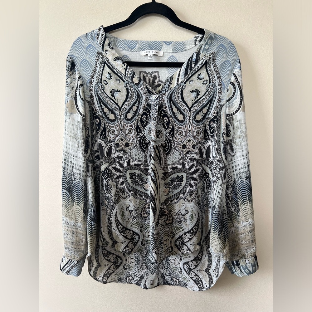 Rose & Olive Gray Long Sleeve Paisley Blouse Women S Generous Fit Lightweight - Picture 1 of 13
